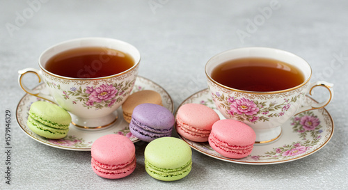 Elegant tea time composition featuring antique floral cups with tea and colorful assortment of macarons on a textured backdrop