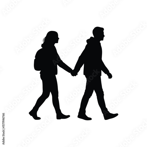 Silhouette of a couple walking hand in hand, isolated on white background