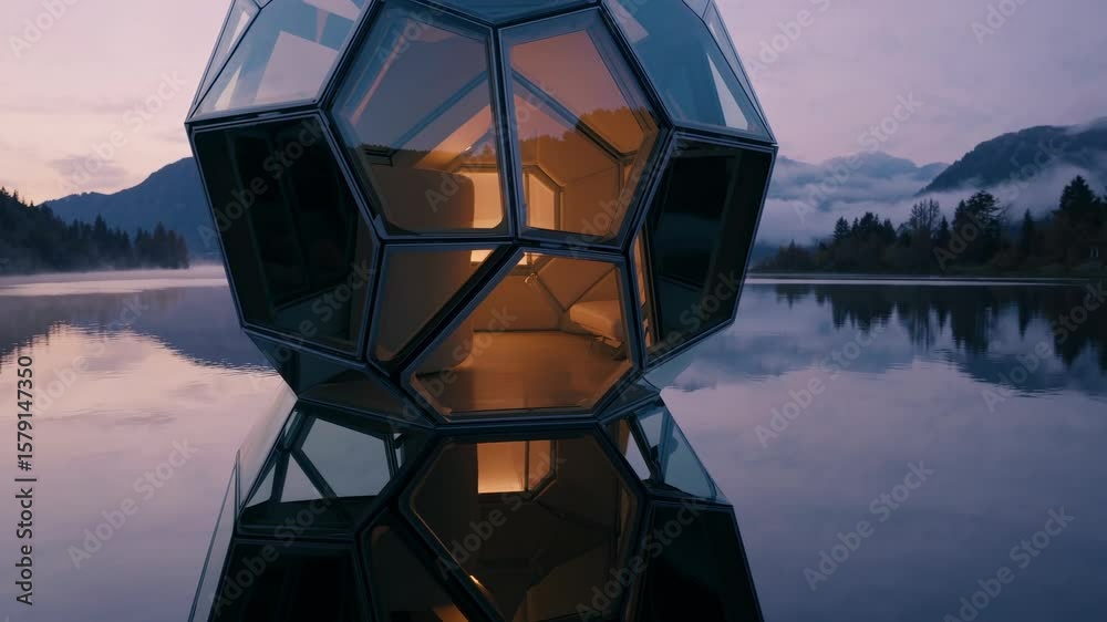 Futuristic glass geodesic dome floating on a calm lake at dawn, reflecting in the water, with mountains and mist in the background, creating a serene and otherworldly atmosphere