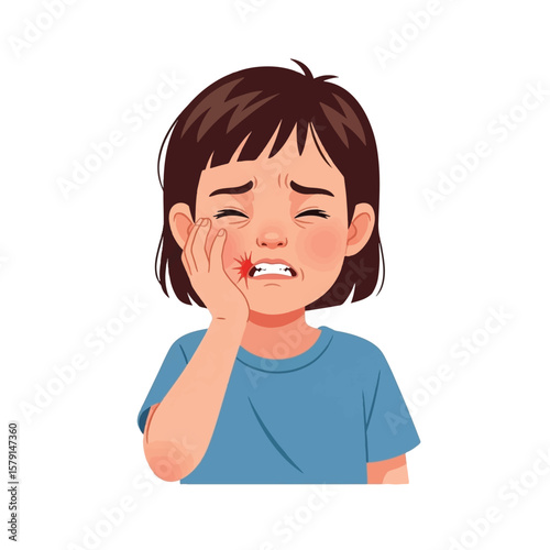 A young child experiencing tooth pain, holding their cheek in distress.