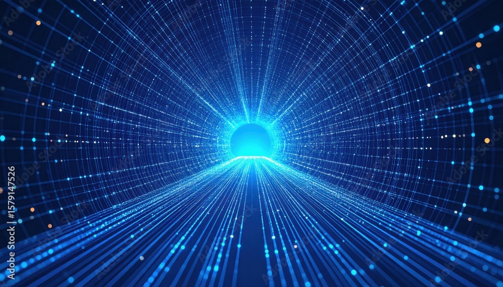 Fototapeta premium A luminous blue tunnel of digital light and data streams converges towards a bright central point, representing futuristic technology and connectivity.
