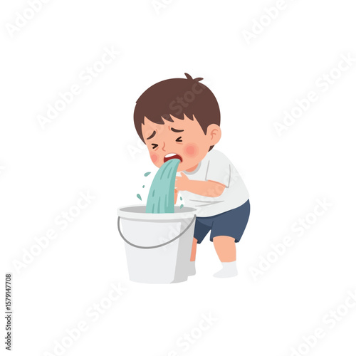 A young boy is depicted vomiting water from a bucket, conveying a sense of distress and discomfort.
