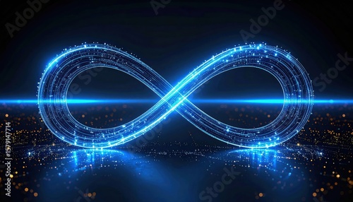 A glowing blue digital infinity symbol with data points and light effects on a dark background.