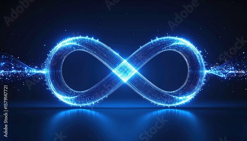 A glowing digital infinity symbol made of blue light particles on a dark background, representing endless possibilities and futuristic technology.