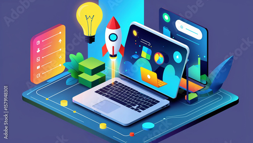 Wallpaper Mural isometric startup concept, young entrepreneur launching app, rocket icon, glowing lightbulb, laptop, abstract tech background
 Torontodigital.ca