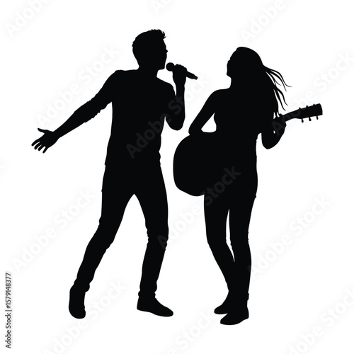 A man and woman are singing and playing guitar, isolated on white background