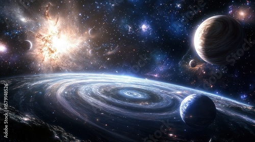 Cosmic Vortex with Planets and Bright Stellar Explosion in Space