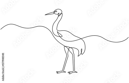 Heron bird continuous one line art outline simple vector drawing minimalist best use for logo, Template for your design works. Vector illustration, heron, egret flapping its wings, side view.