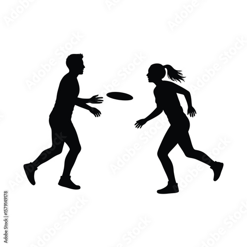 Two people are playing frisbee in silhouette, isolated on white background, showcasing an active and playful moment