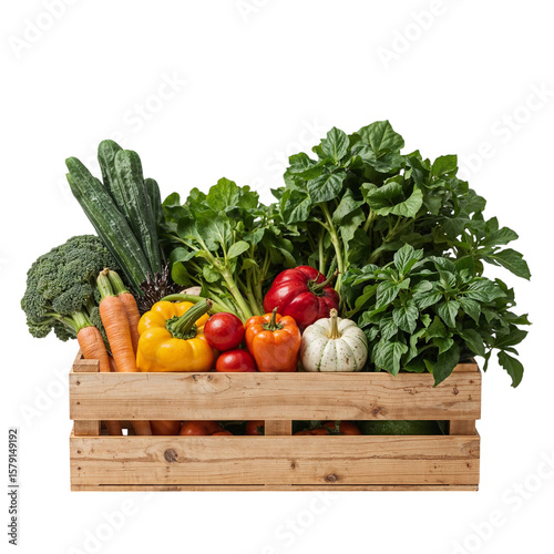 Freshly harvested organic vegetables displayed in a rustic wooden crate showcase healthy eating with colorful peppers, broccoli, carrots, and various greens, transparent background
