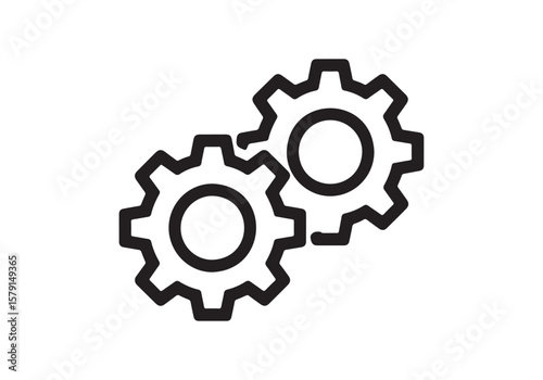 Two interlocking black gears isolated on a clean white background isolated on white background