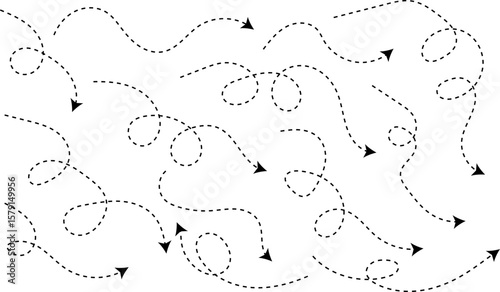 Hand drawn curve dotted line arrow set. Sketch curved dashed arrows design. curved hand drawn arrows. Zigzag arrow stripes design with dotted lines