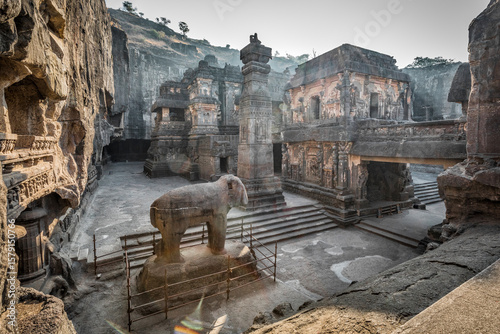 Kailasa Temple at Ellora Caves in India Carved from Rock with Ancient Sculptures and Stone Elephant
