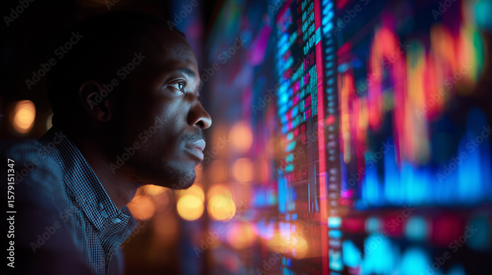 Obraz premium A professional financial analyst, looking at a large, glowing LED screen displaying financial graphs and data