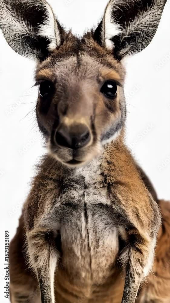Portrait of a young kangaroo standing upright on a white background looking at the camera. Portrait of a young kangaroo standing upright on a white background looking at the camera.