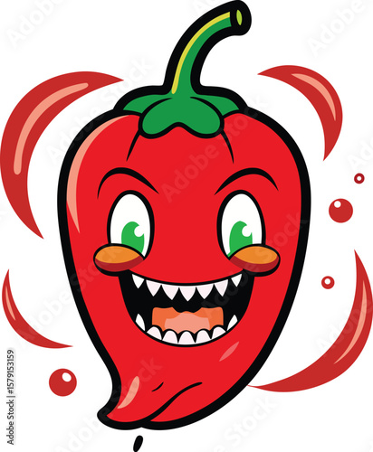 Happy red chili pepper with green stem cartoon face