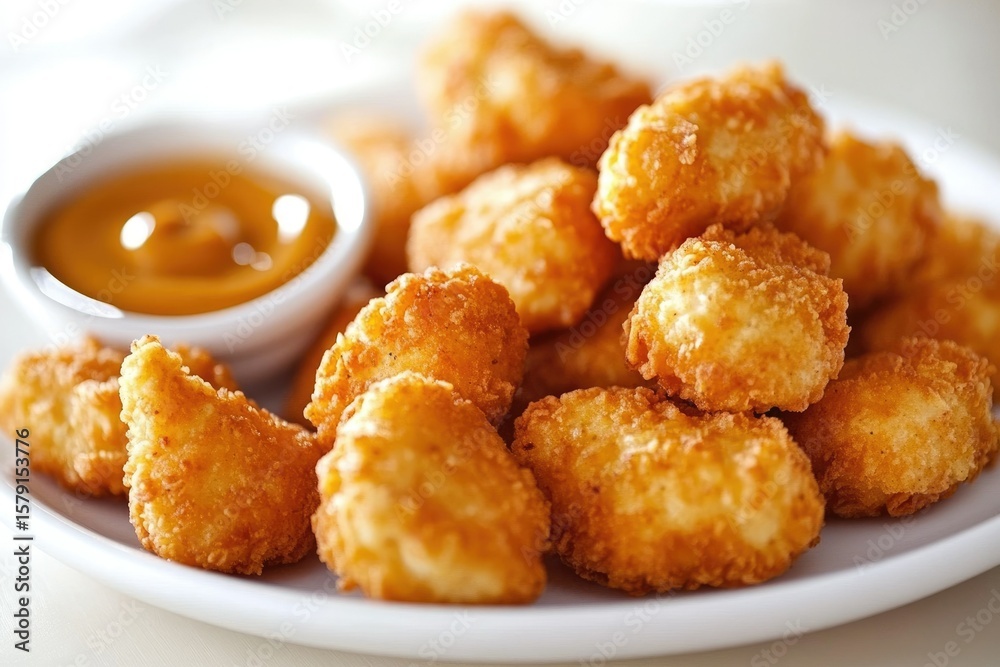 Crispy, golden-brown chicken nuggets served with a side of tangy mustard dipping sauce. Crispy, golden-brown chicken nuggets served with a side of tangy mustard dipping sauce.
