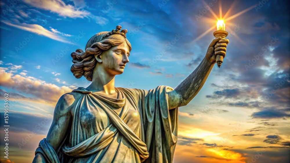 Fototapeta premium A majestic bronze statue of a woman, adorned with a crown, extends her arm aloft, holding a radiant torch against a vibrant sunset sky, symbolizing hope and enlightenment.