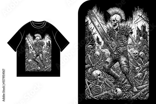 A black t-shirt design featuring a skeletal warrior leading a horde of skeletons through a ravaged landscape.