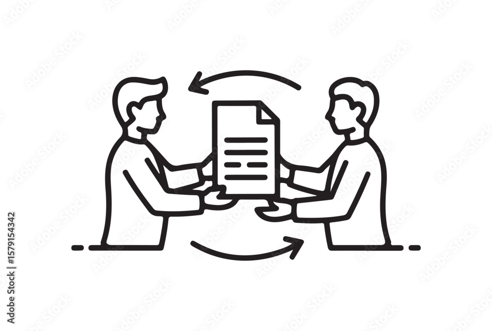 Two people exchanging a document with circular arrows indicating a transaction isolated on white background Two people exchanging a document with circular arrows indicating a transaction isolated on white background
