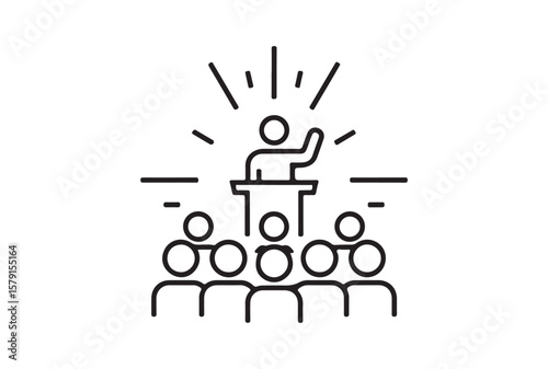 Speaker addressing an audience from a podium with radiating lines isolated on white background
