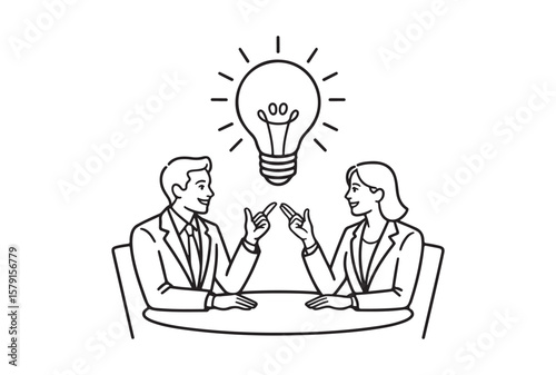 Two business people pointing at each other with a bright idea lightbulb above them isolated on white background