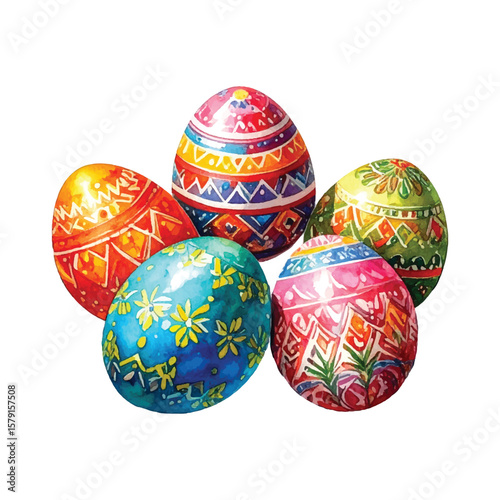 Watercolor hand-painted haft sin Colored Eggs on plate Front View isolated on a white background