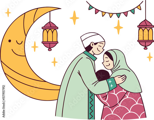 Happy Muslim Family Celebrating Eid al-Fitr Under Crescent Moon