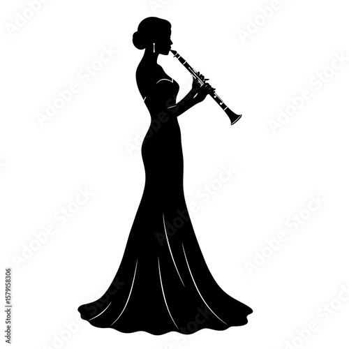 Silhouette Serenade: An elegant silhouette of a woman gracefully playing the clarinet, her form silhouetted against a plain background, evoking a sense of musical passion.