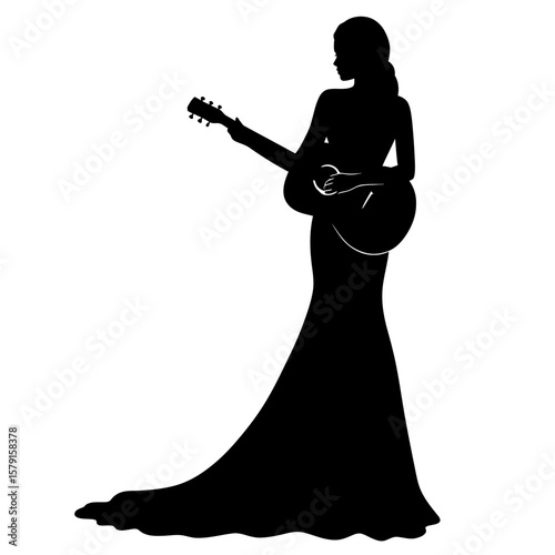 Melody's Silhouette: A graceful silhouette of a woman in an elegant gown serenades with her guitar, a symbol of timeless musical grace, bathed in simplicity.