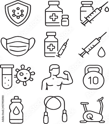 Health, Fitness & Medical Line Icons: Virus Protection, Vaccines & Exercise