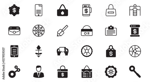 Business & E-commerce Glyph Icons: Finance, Shopping, and Mobile Commerce