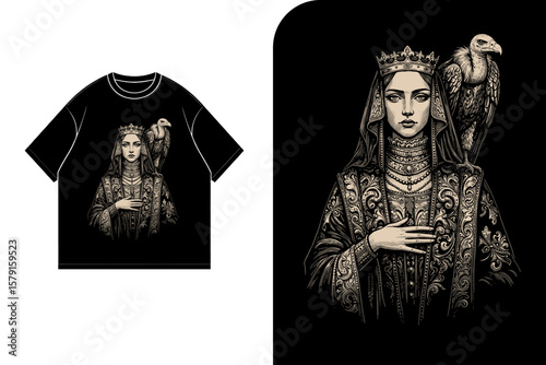 Gothic queen, crowned, somber expression, perched vulture, dark apparel, t-shirt design.