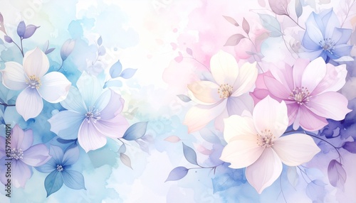Elegant watercolor floral background in soft pastel tones with blooming pink, blue, and purple flowers. Perfect for wedding invitations, greeting cards, romantic themed designs