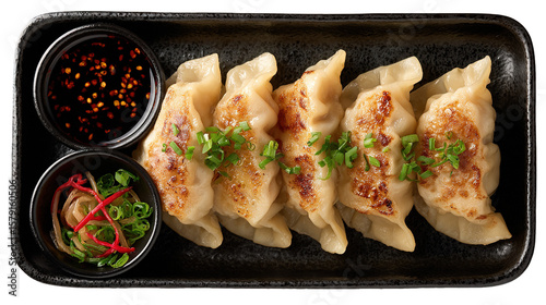Traditional dumpling momos food from Nepal served with tomato chutney in plate isolated.