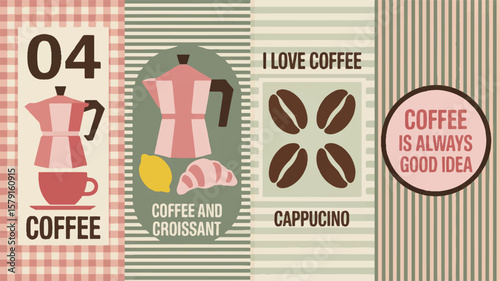 Coffee themed illustrations with text croissant lemon