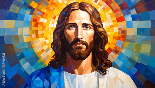 Mosaic style oil painting of Jesus Christ with Byzantine inspiration. Radiant golden background and intricate details create a powerful spiritual image, ideal for Christian art, sacred spaces