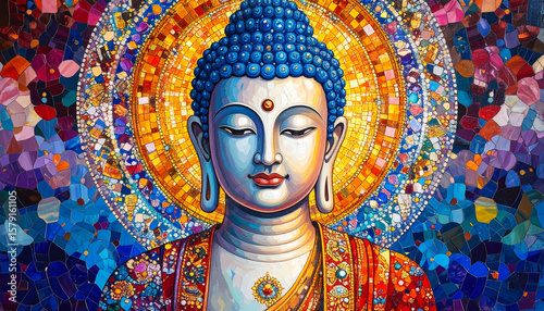 Mosaic style oil painting of a serene Tibetan Buddha, featuring vivid colors and intricate detail. A spiritual artwork perfect for meditation spaces, cultural art lovers, and Eastern philosophy themes