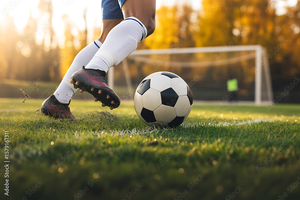 Fototapeta premium A soccer players legs are in motion as they prepare to kick the ball on a grassy field