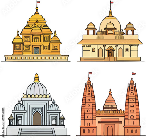 different-Hindu-temple-icon-sets-on-white background.