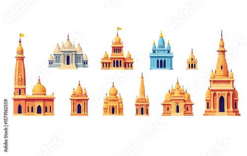 different-Hindu-temple-icon-sets-on-white background.