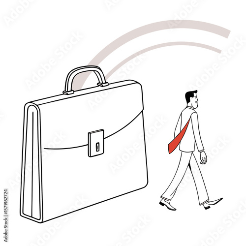 Businessman walking with briefcase and red tie in minimal style  