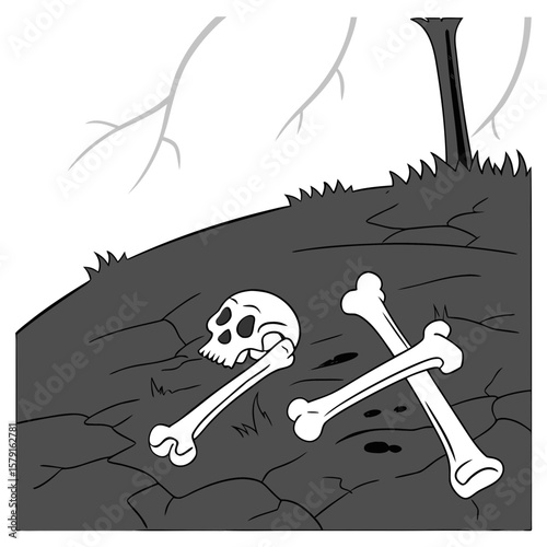 Skull and bones on cracked ground in a dark, eerie setting  