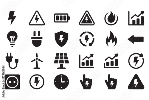 Energy and electricity black icon set - plug, battery, fire, light bulb, solar, power graph