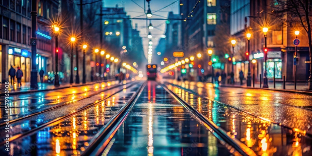 Reflective City Street at Night with Tram Tracks and Glistening Lights Reflective City Street at Night with Tram Tracks and Glistening Lights