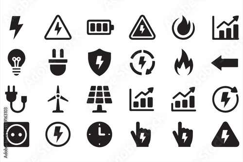 Energy and electricity black icon set - plug, battery, fire, light bulb, solar, power graph
