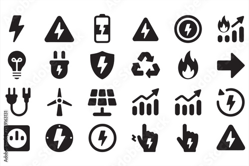 Energy and electricity black icon set - plug, battery, fire, light bulb, solar, power graph