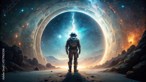 Wallpaper Mural A Lone Astronaut Contemplates the Immense Cosmic Portal in a Desolate Alien Landscape Torontodigital.ca