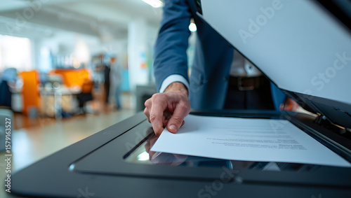 Photo of a businessman is scanning a document in a modern office environment
