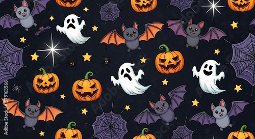 Halloween themed pattern featuring pumpkins, ghosts, bats, stars, and spiderwebs on a dark background.
